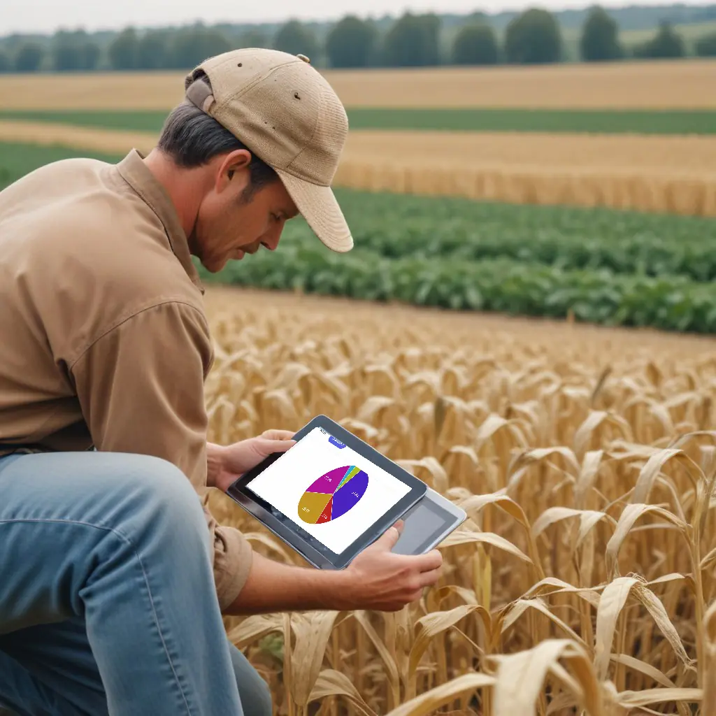 Fermier folosind o tabletă în câmp pentru analiza datelor agricole digitale